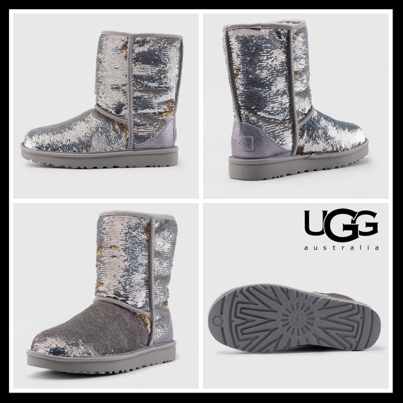 UGG Classic Short Cosmo Sequin Silver & Gold Boots - Picture 9 of 13
